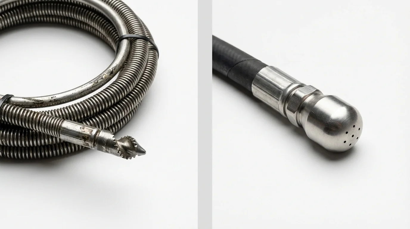 Drain snake cable and hydro jetting nozzle used for drain cleaning in Camden, AR
