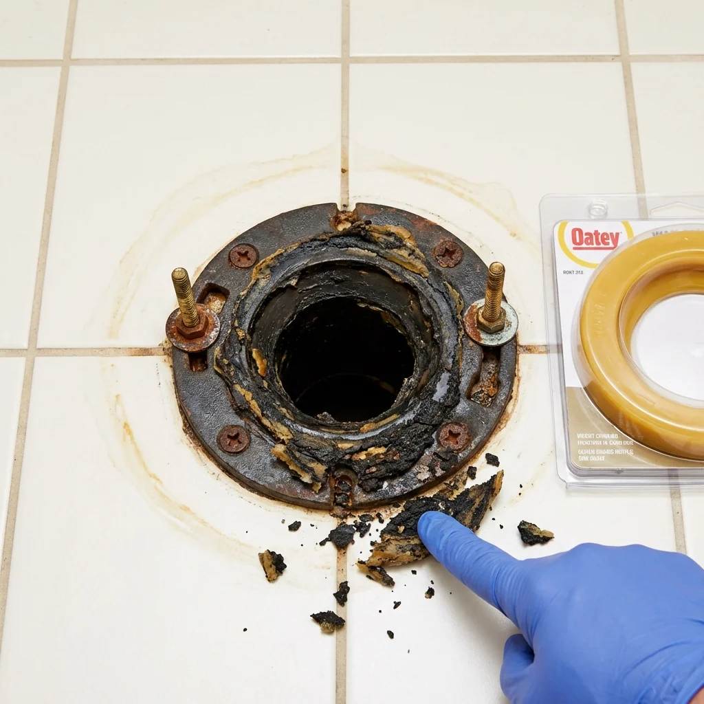 Failed wax ring showing water seepage at the base of a toilet in a Camden, AR home