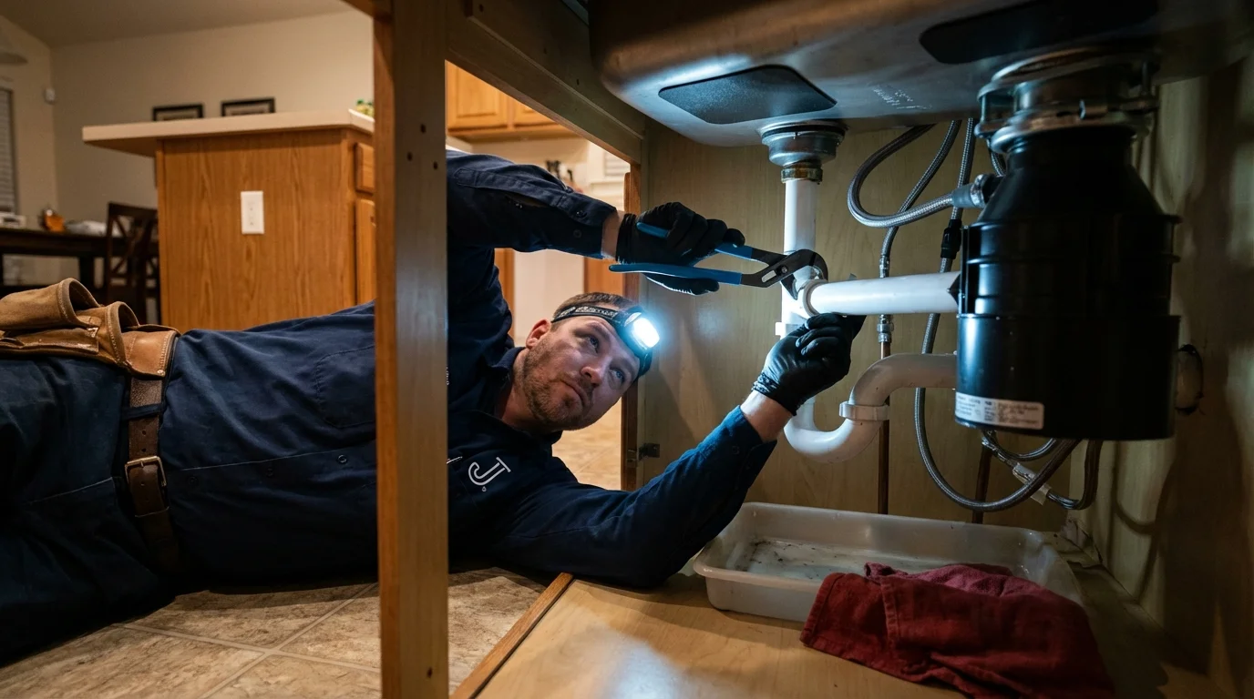 P-trap and supply line connections under a kitchen sink showing a common leak point in Camden, AR